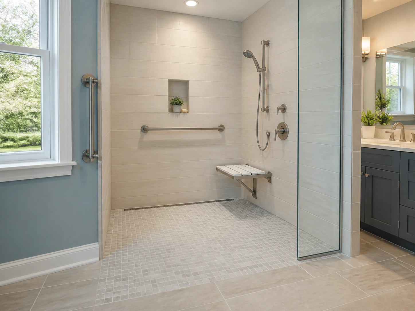 2 curbless walk in shower safety features.