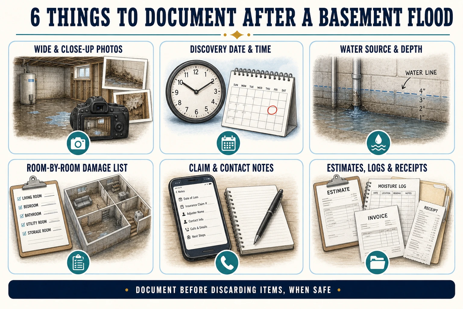 Infographic showing six items to document after a basement flood, including photos, timing, water depth, damage lists, claim notes, and receipts.