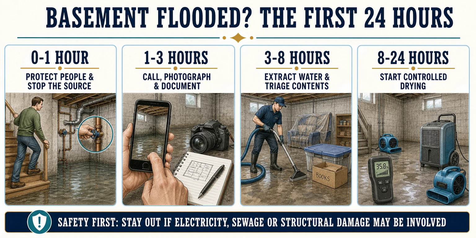 Infographic showing the first 24 hours after a basement flood: protect people, document damage, extract water, and begin controlled drying.
