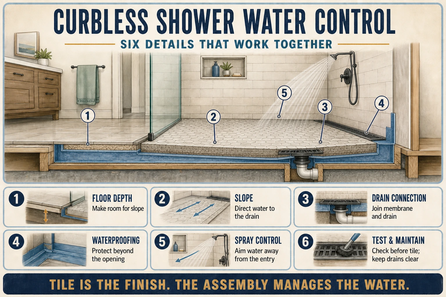 Cutaway infographic shows six curbless shower water-control details: floor depth, slope, drain connection, waterproofing, spray direction, and drain testing and maintenance.