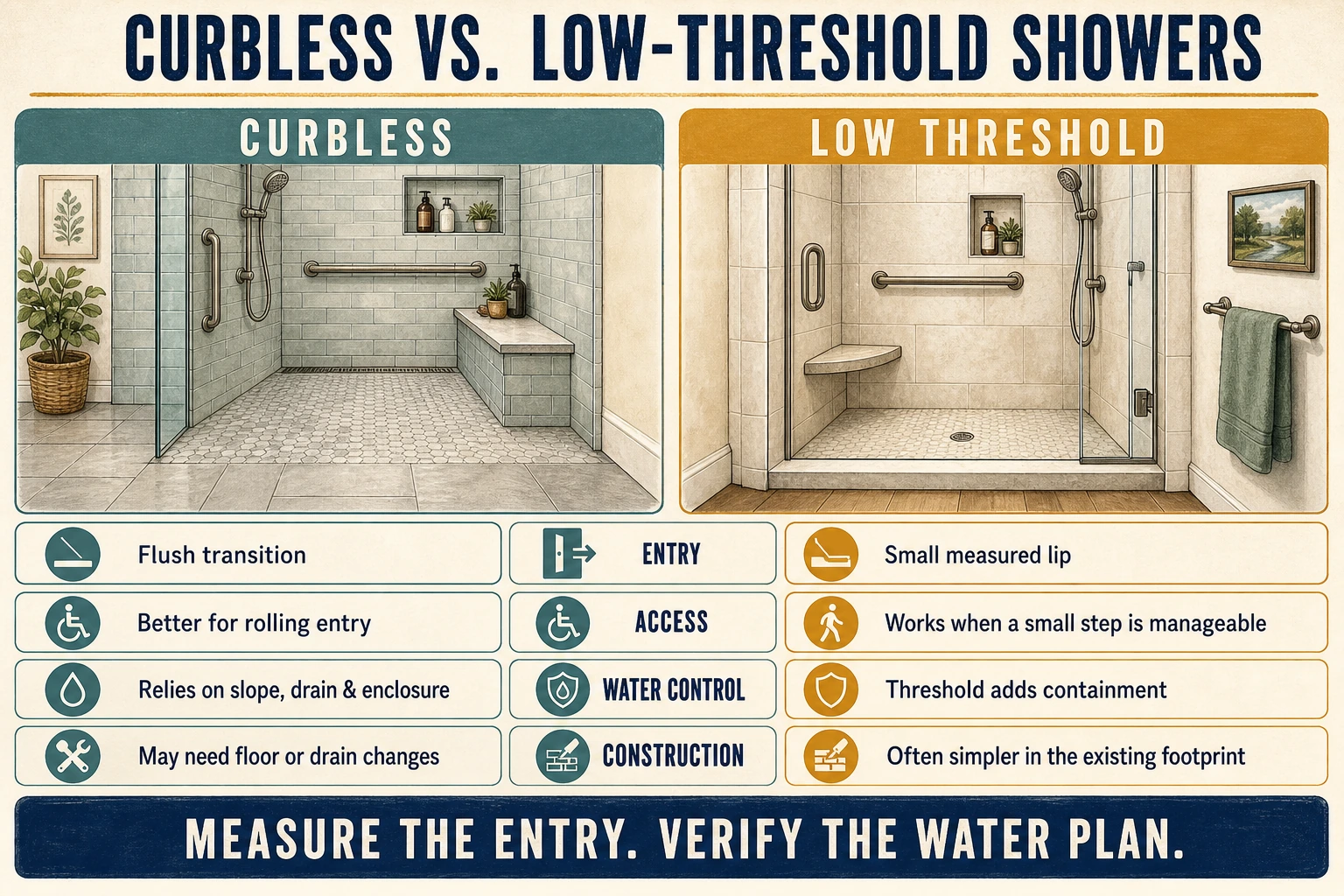Infographic compares curbless and low-threshold showers by entry, rolling access, water containment, and construction complexity.