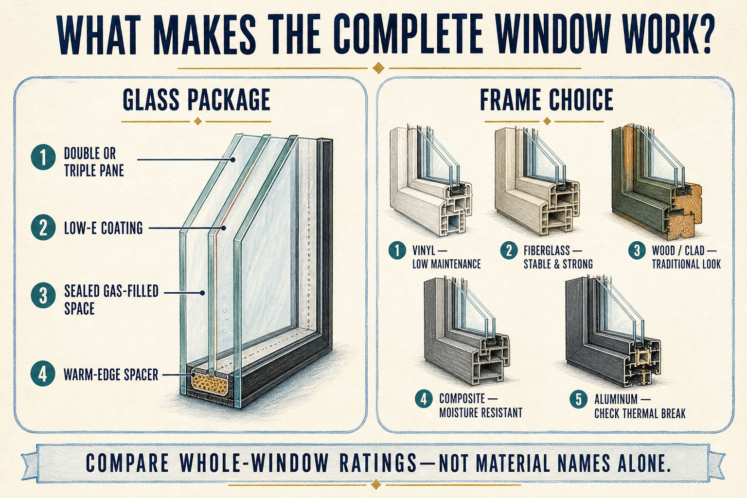 Infographic showing insulated window glass components alongside vinyl, fiberglass, wood-clad, composite, and thermally broken aluminum frame choices.