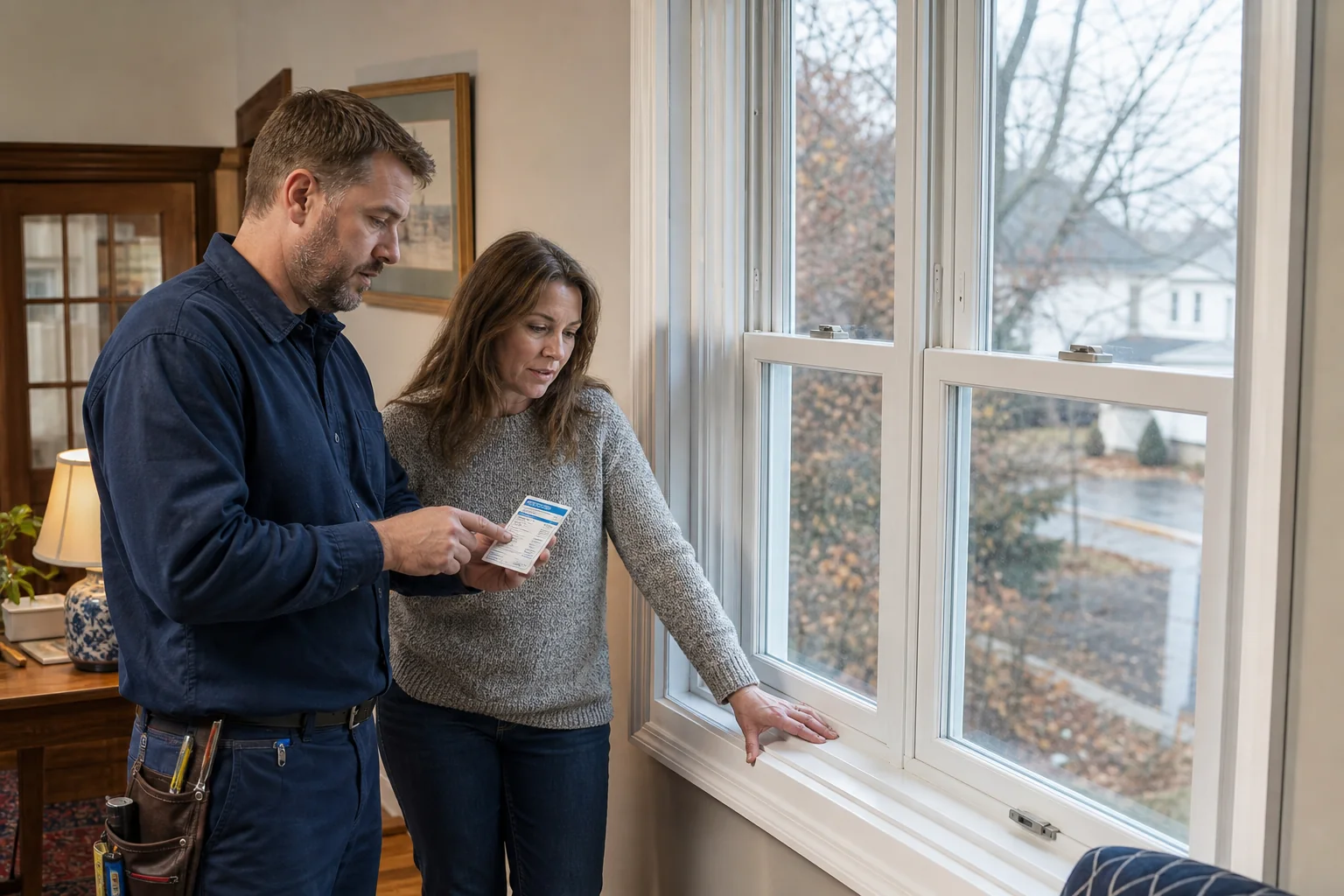Window professional shows a homeowner an energy-performance label beside white replacement windows in a Northeast Ohio home.