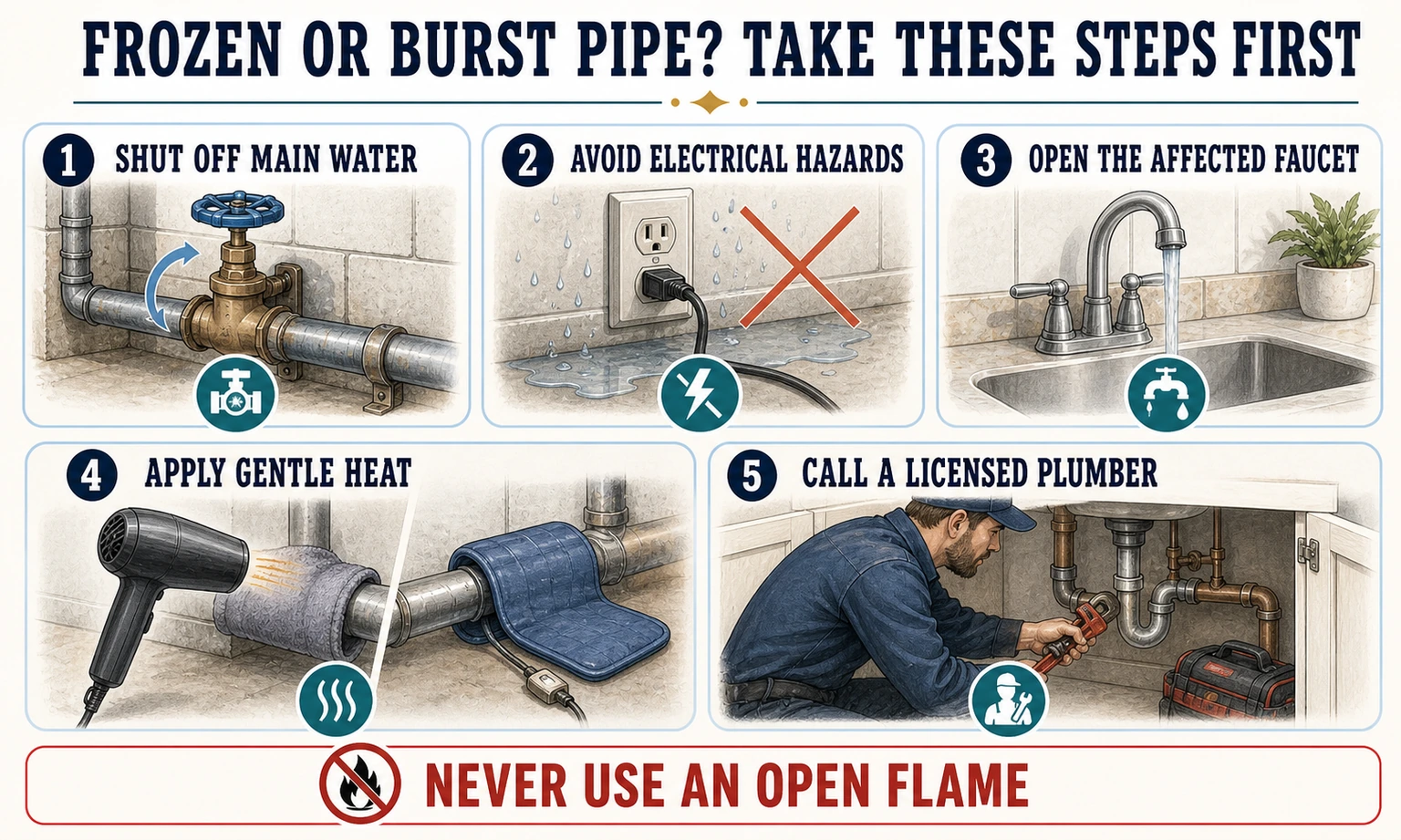 2.frozen or burst pipe emergency steps infographic.