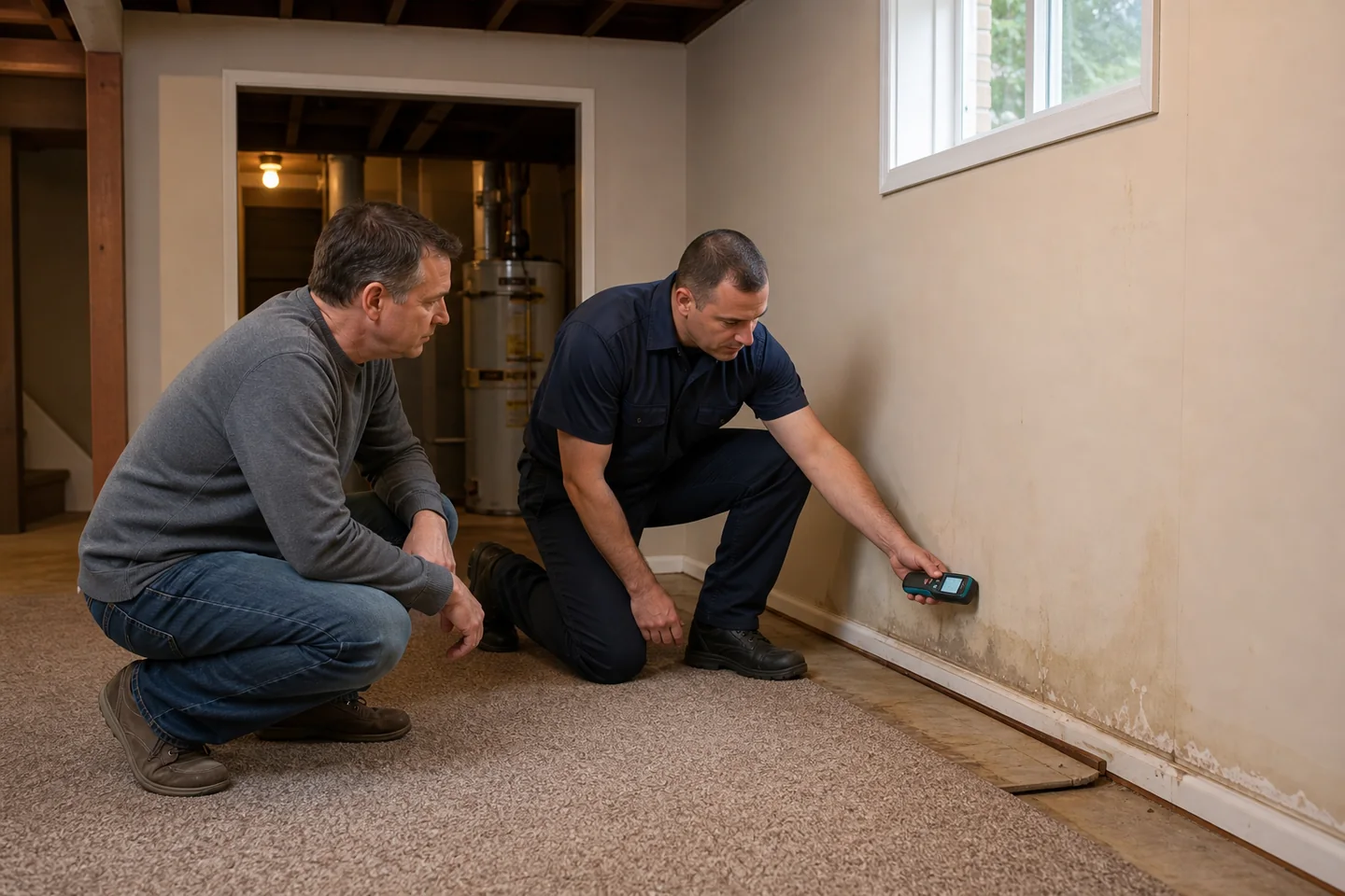 Homeowner and water-restoration professional use a moisture meter beside a water-stained basement wall in a Northeast Ohio home.