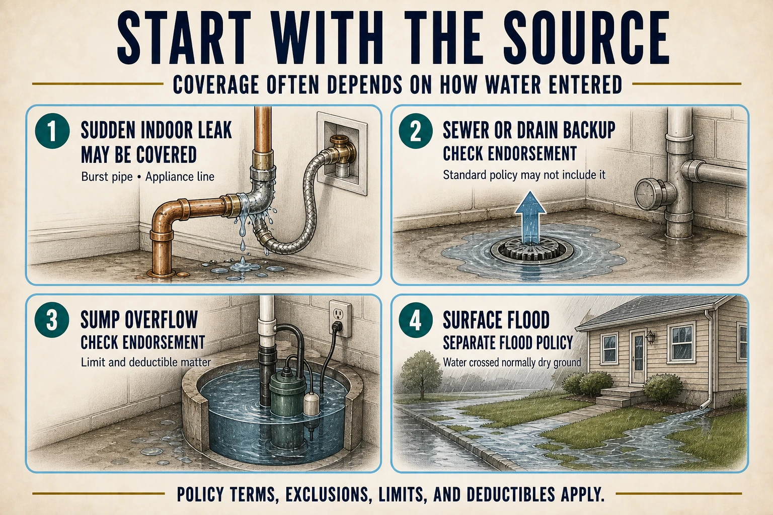 Infographic compares sudden indoor leaks, sewer or drain backups, sump overflow, and surface flooding, with reminders to check policy coverage or endorsements.