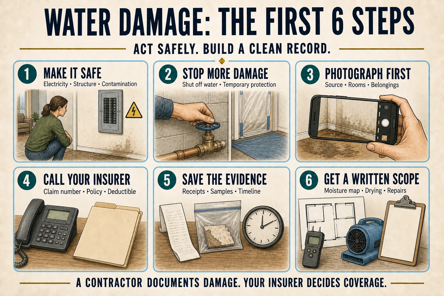 Infographic shows six water-damage steps: make the home safe, stop further damage, take photographs, call the insurer, save evidence, and get a written scope.