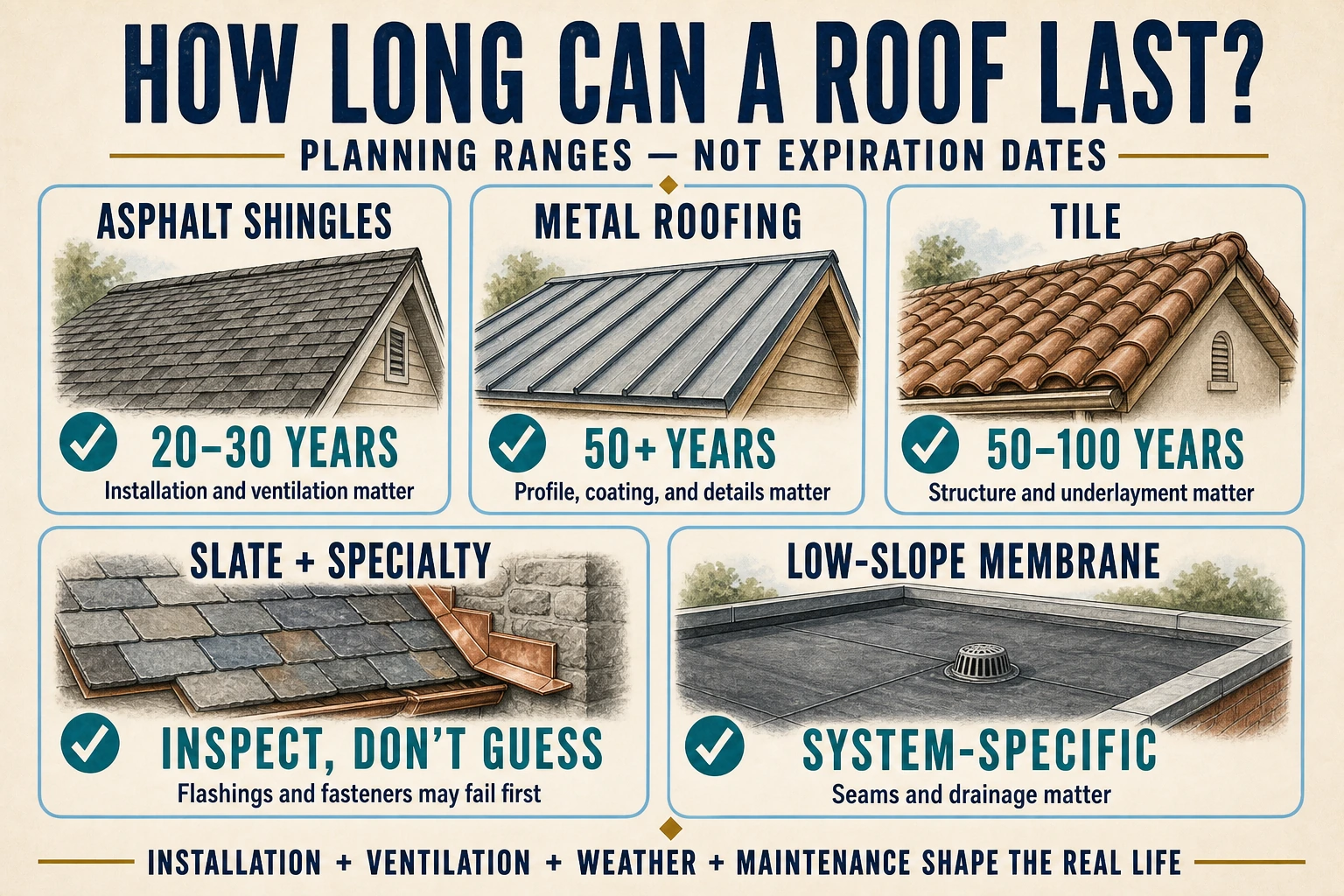 Infographic showing planning lifespans for asphalt shingles, metal roofing, tile, slate and specialty roofs, and low-slope membranes.