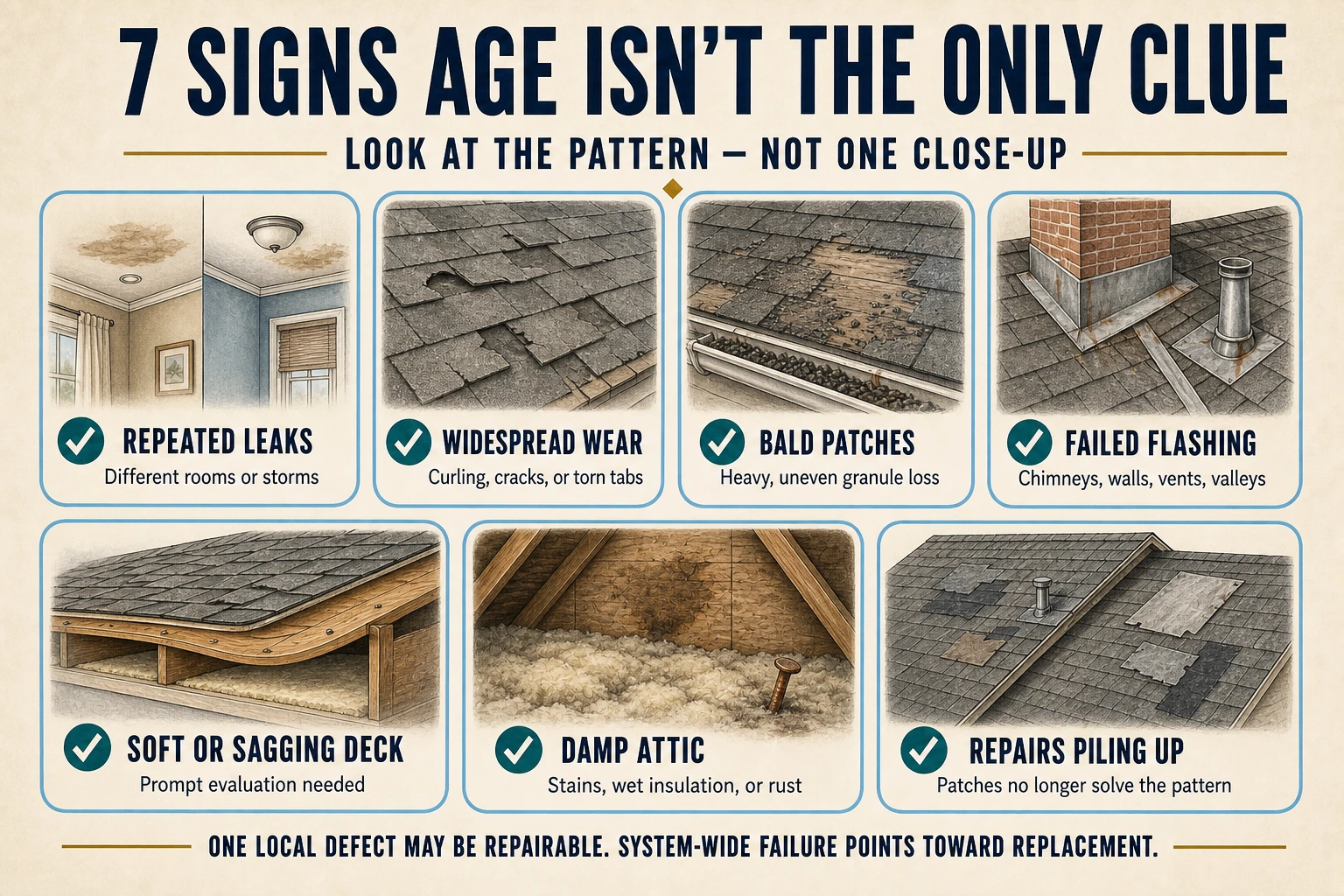 Infographic showing seven roof replacement clues: repeated leaks, widespread wear, bald patches, failed flashing, sagging decking, attic moisture, and accumulating repairs.