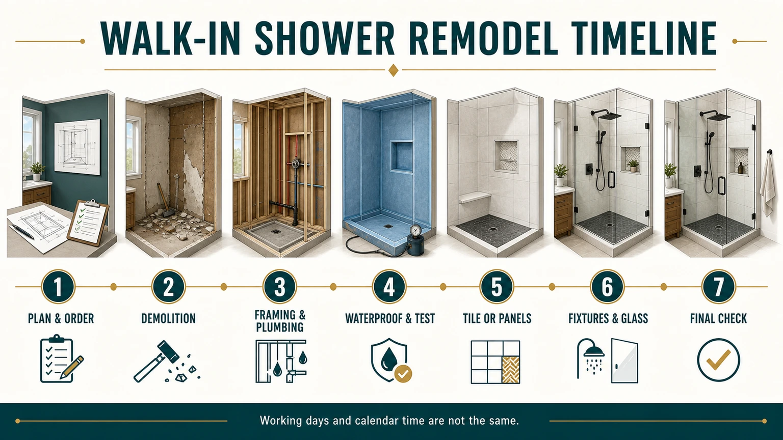 Article 30 walk in shower remodel timeline infographic.