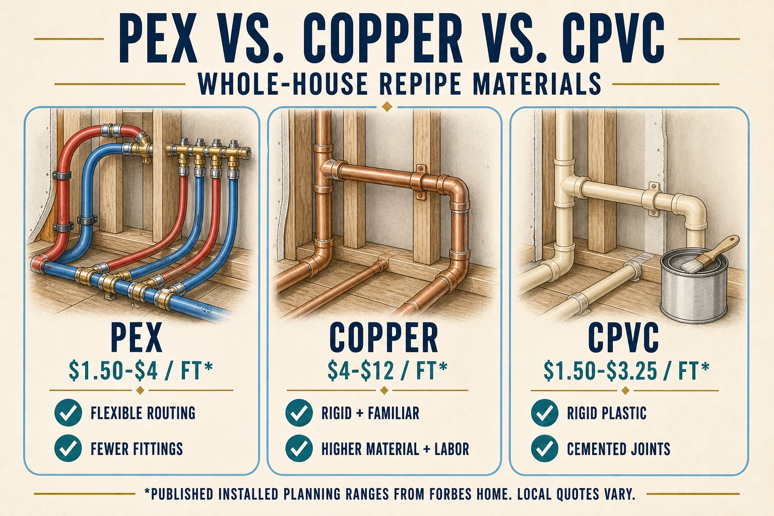 Infographic comparing installed planning costs and key features of PEX, copper, and CPVC repiping materials.