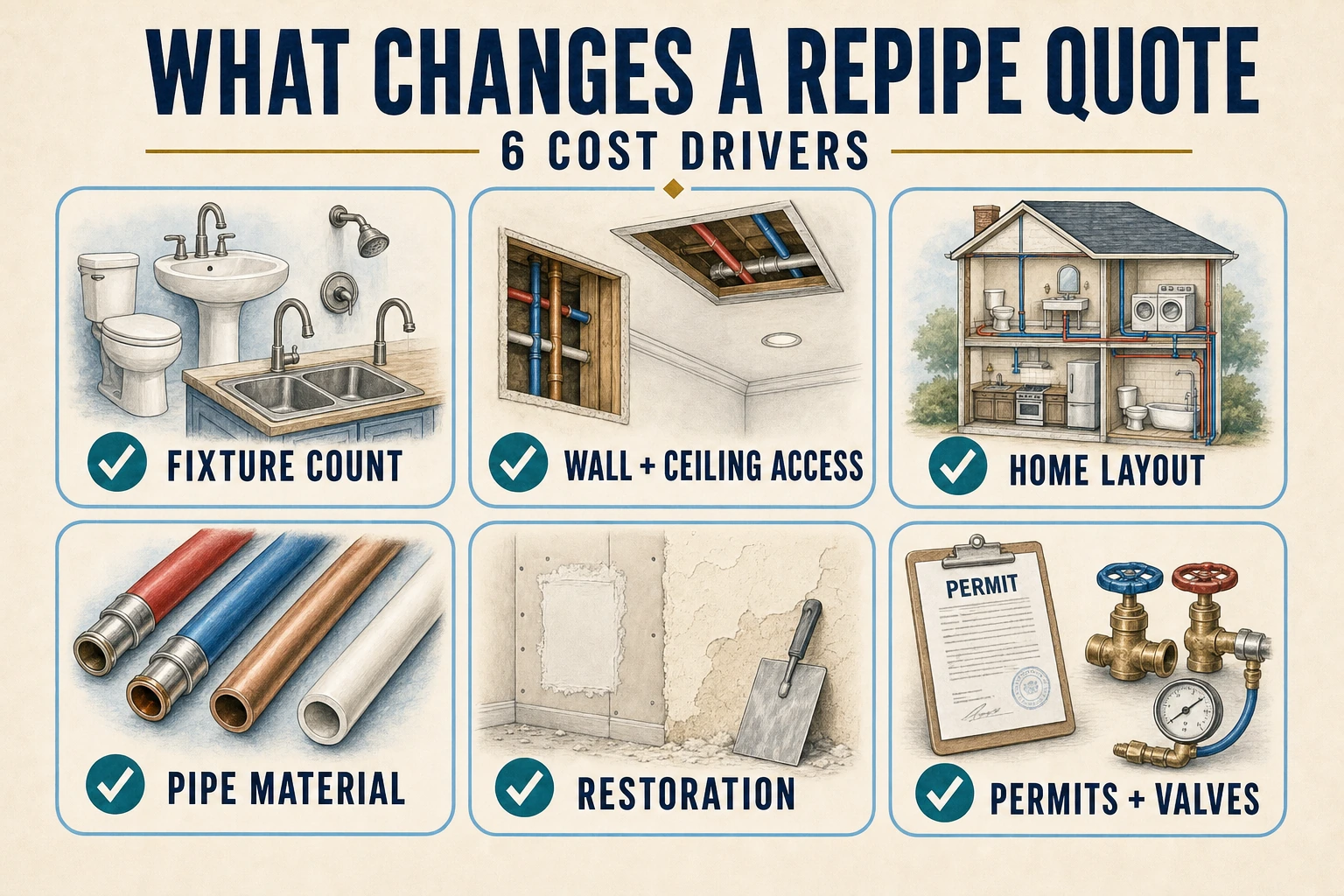 Infographic showing six whole-house repiping cost drivers: fixture count, access, layout, pipe material, restoration, permits, and valves.