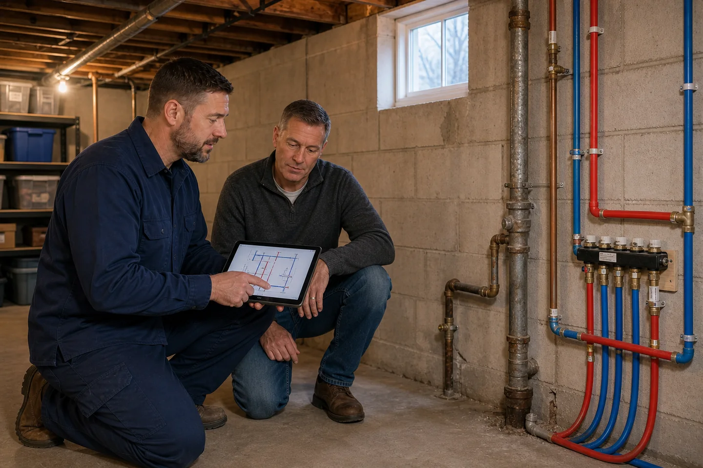 Plumber and homeowner review a whole-house repiping plan beside old metal supply pipes and a new PEX manifold in a Northeast Ohio basement.