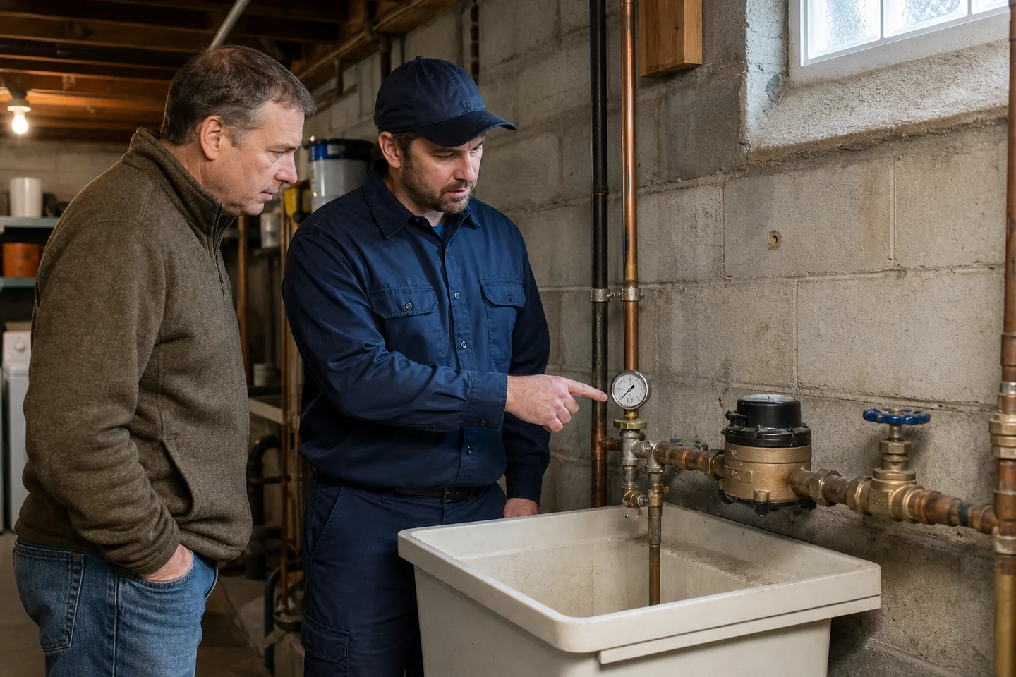 Plumber shows a homeowner a water-pressure gauge attached near the meter in an older Cleveland-area basement.