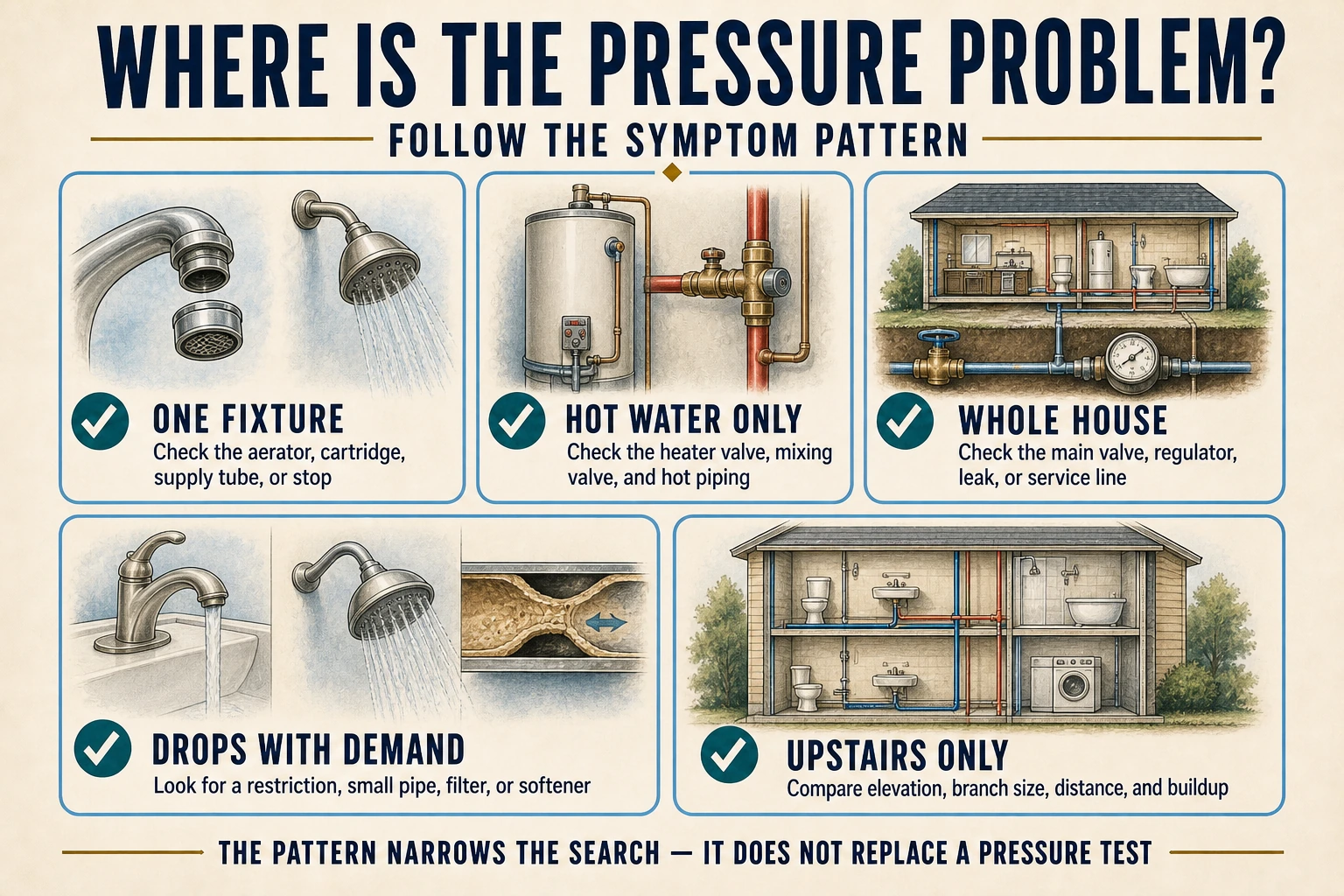 Infographic matching five low-water-pressure patterns with likely problem areas: one fixture, hot only, whole house, demand drops, and upstairs only.