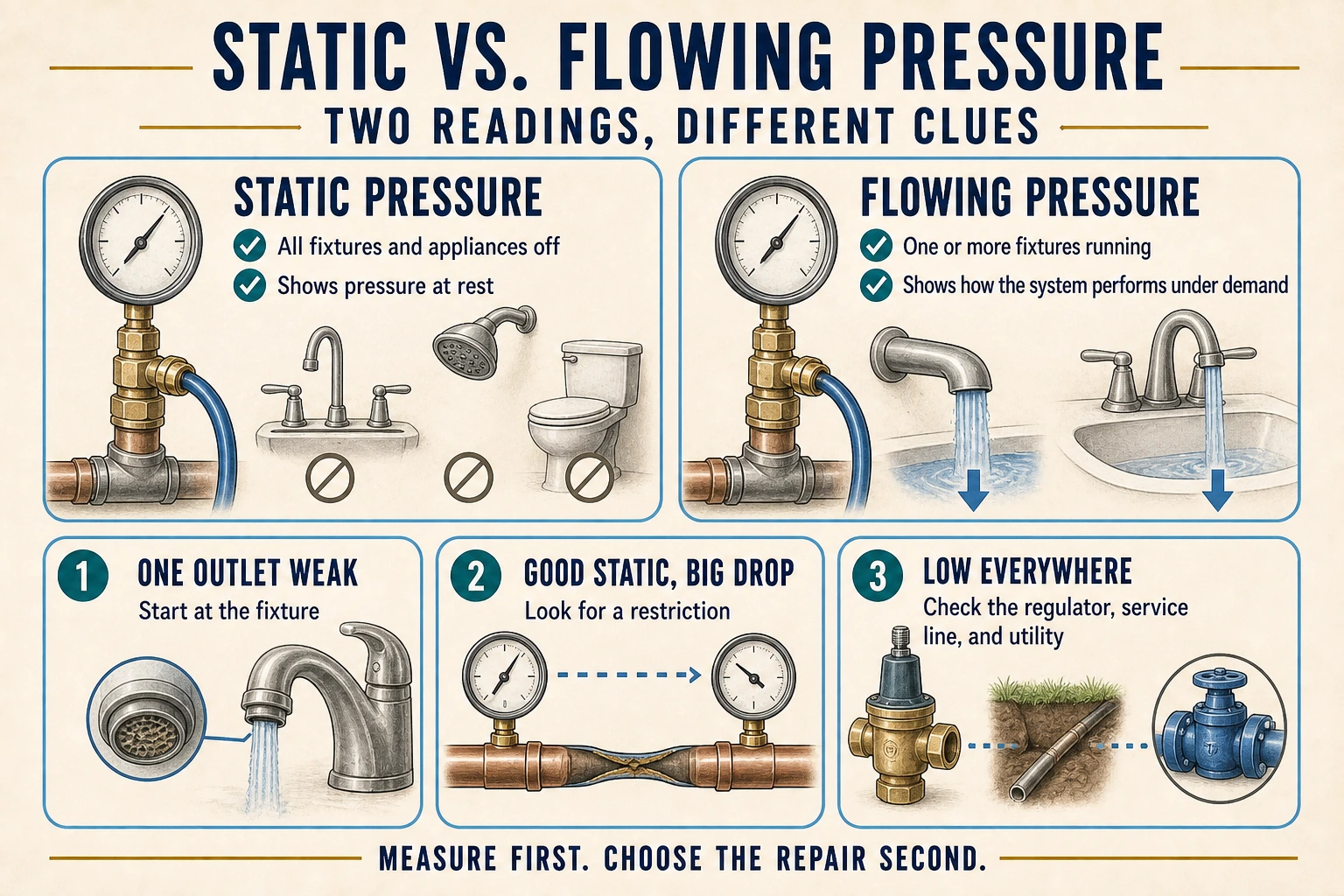 Infographic comparing static and flowing water-pressure tests and showing what one weak outlet, a large pressure drop, or low pressure everywhere may indicate.