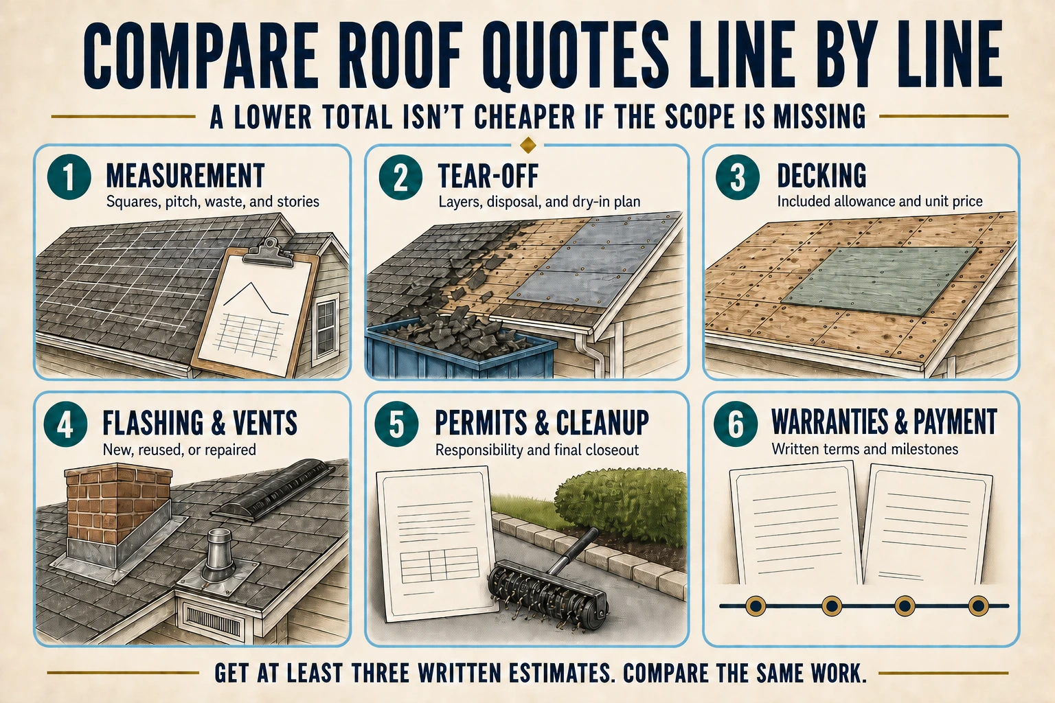Infographic listing measurement, tear-off, decking, flashing and vents, permits and cleanup, warranties, and payment terms to compare in roof estimates.