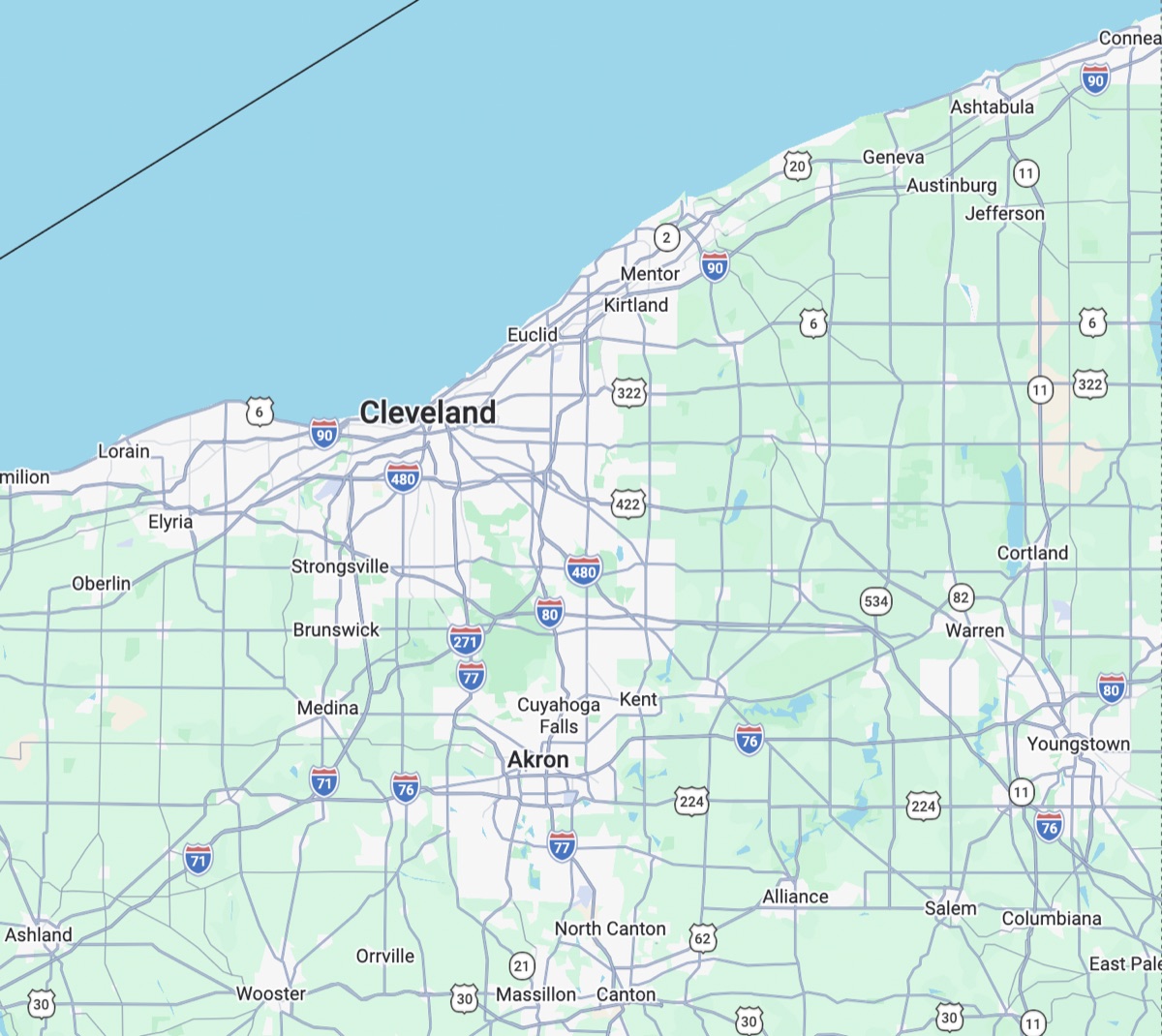 Map of the Northeast Ohio service area, including Cleveland, Akron, Canton, Warren, and Youngstown