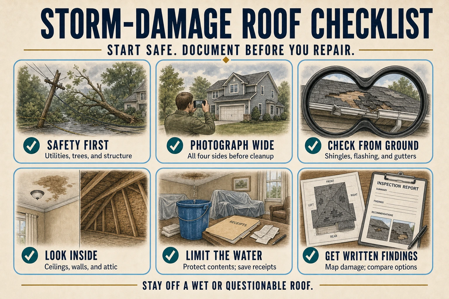 Six-step infographic covering storm safety, exterior photographs, ground-level roof checks, interior inspection, water control, and written findings.