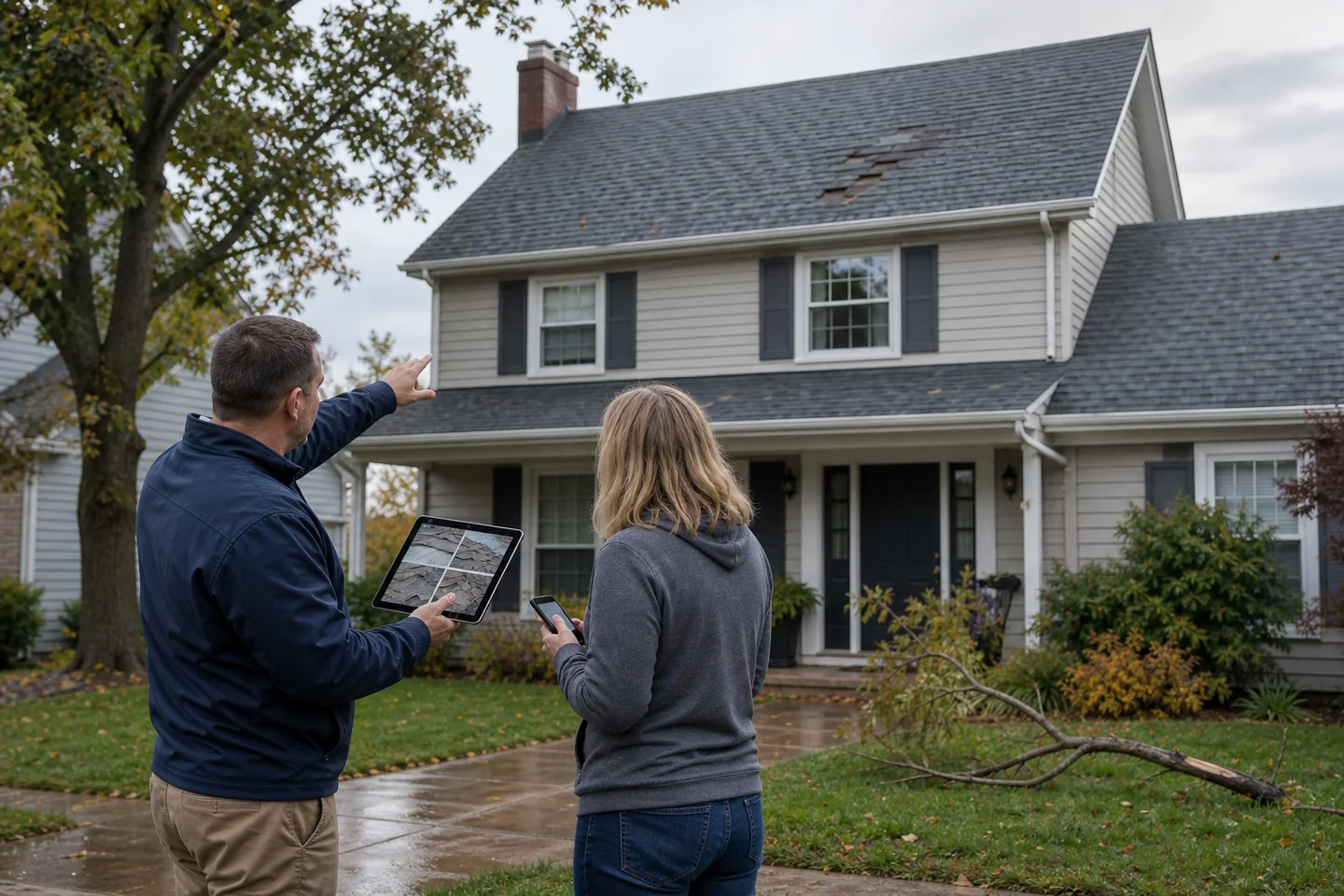 Roofer and homeowner document storm damage from the ground beside a Northeast Ohio house with missing shingles and a fallen branch.