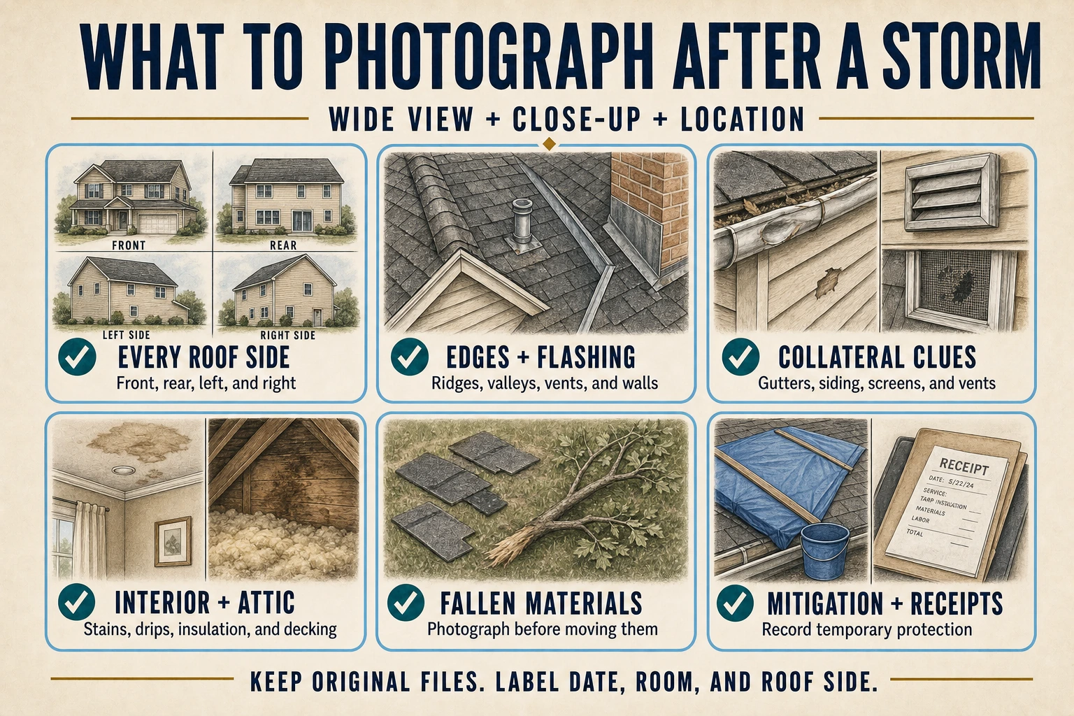 Infographic showing roof sides, flashing, gutters, siding, attic stains, fallen shingles, temporary protection, and receipts to photograph after a storm.