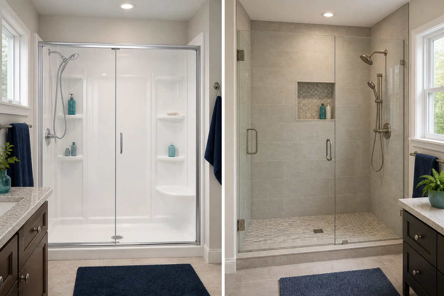 Side-by-side comparison of a white prefab panel walk-in shower and a gray custom tile walk-in shower.