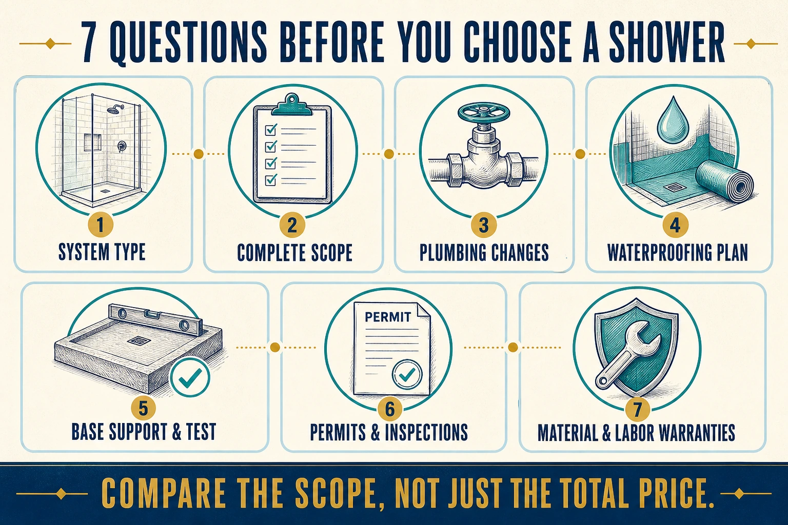 Infographic listing seven questions about shower type, project scope, plumbing, waterproofing, base testing, permits, inspections, and warranties.