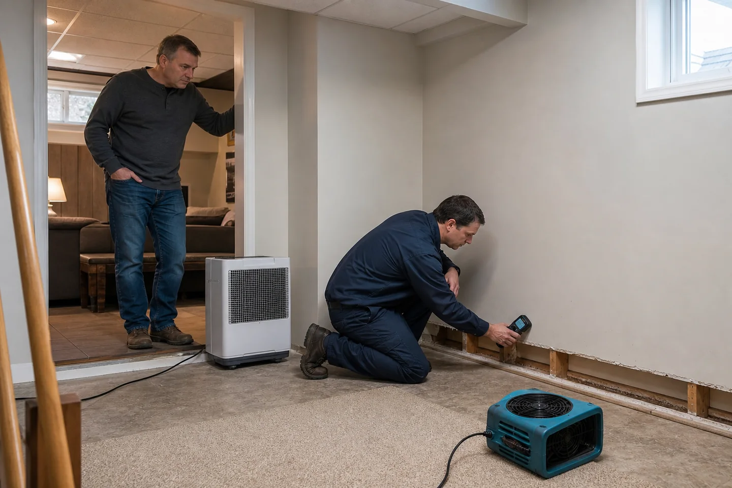 Water-restoration professional uses a moisture meter on exposed lower drywall while a homeowner watches during basement drying.