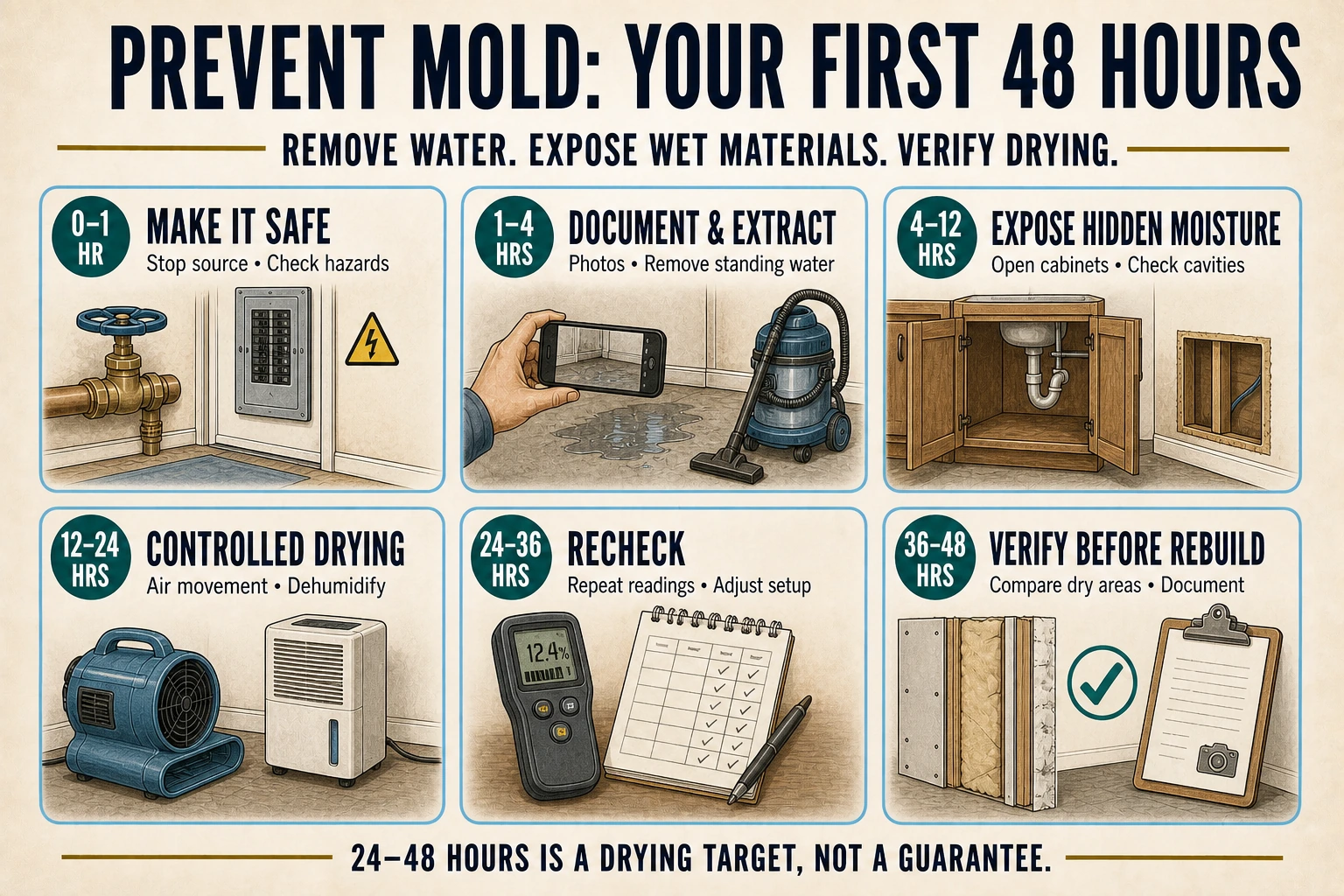 Infographic shows six mold-prevention stages from making the area safe during the first hour through verifying drying before rebuilding at 36–48 hours.