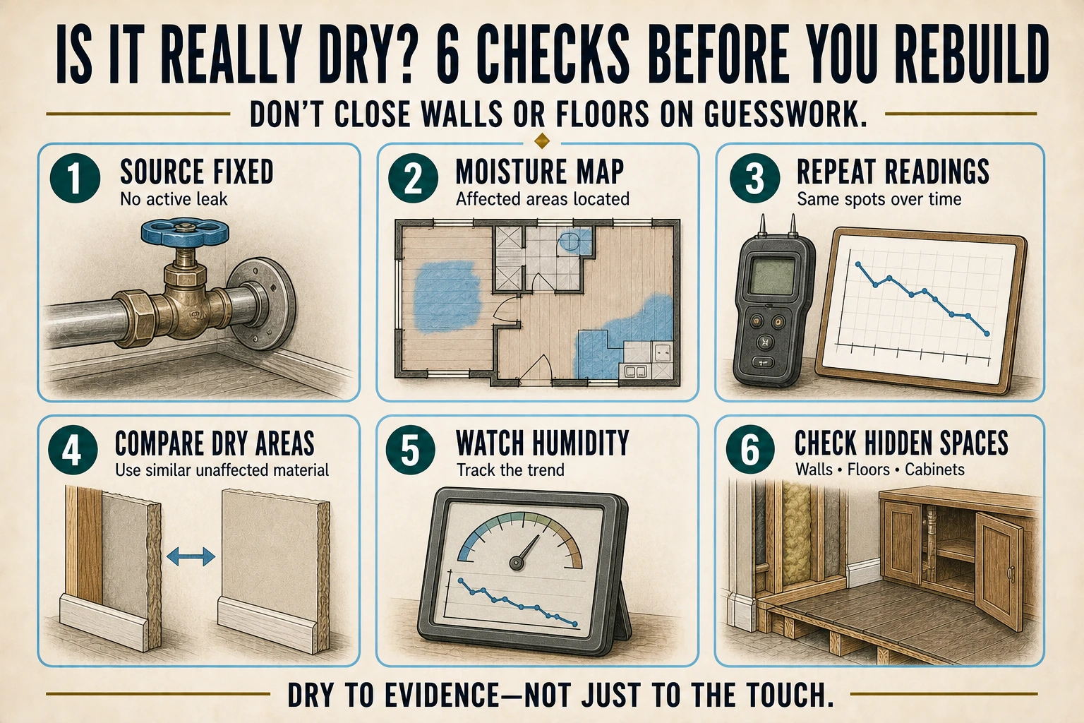 Infographic lists six checks before rebuilding: fix the source, map moisture, repeat readings, compare dry areas, watch humidity, and inspect hidden spaces.