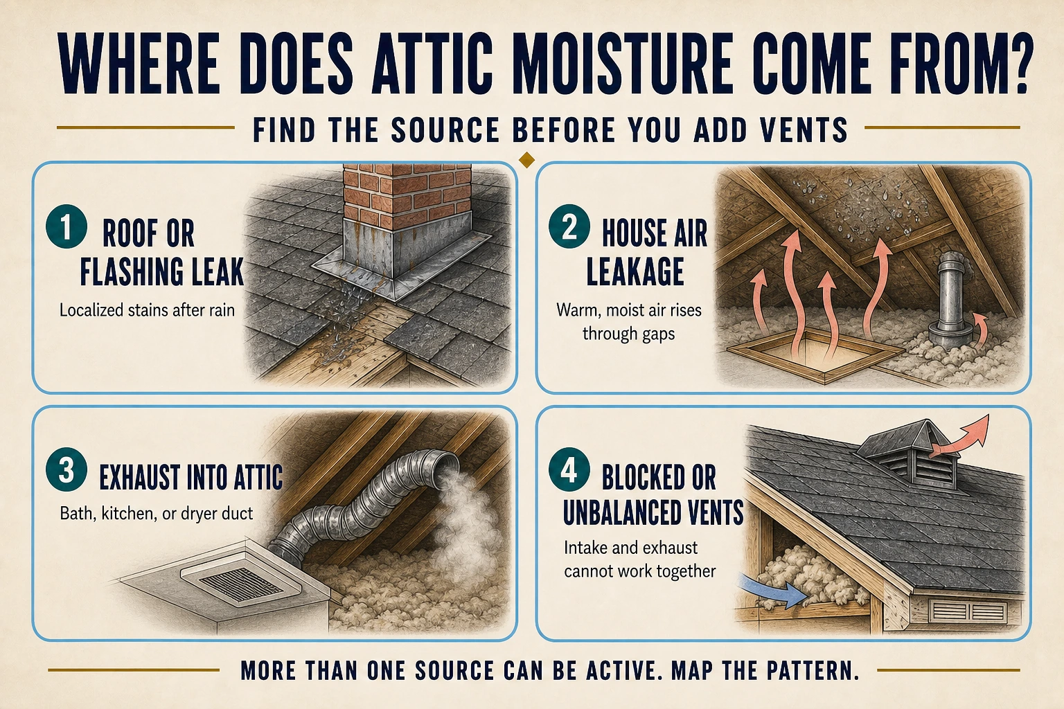Infographic showing four attic moisture sources: roof leaks, indoor air leakage, exhaust ducts, and blocked or unbalanced vents.