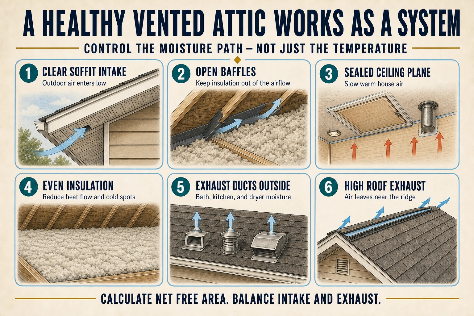 Infographic showing a healthy vented attic with soffit intake, baffles, ceiling air sealing, insulation, exterior exhaust ducts, and high roof exhaust.