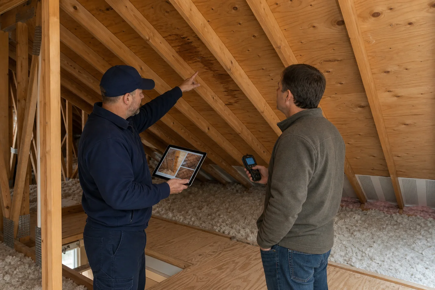 Homeowner and building professional inspect attic sheathing, insulation, and ventilation from a safe walkway in a Northeast Ohio home.