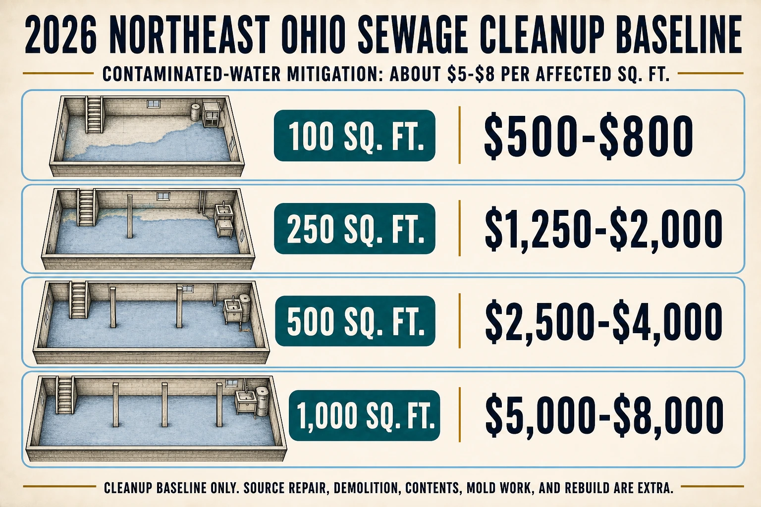 Infographic shows cleanup-only planning ranges of $500-$800 for 100 square feet, $1,250-$2,000 for 250, $2,500-$4,000 for 500, and $5,000-$8,000 for 1,000.
