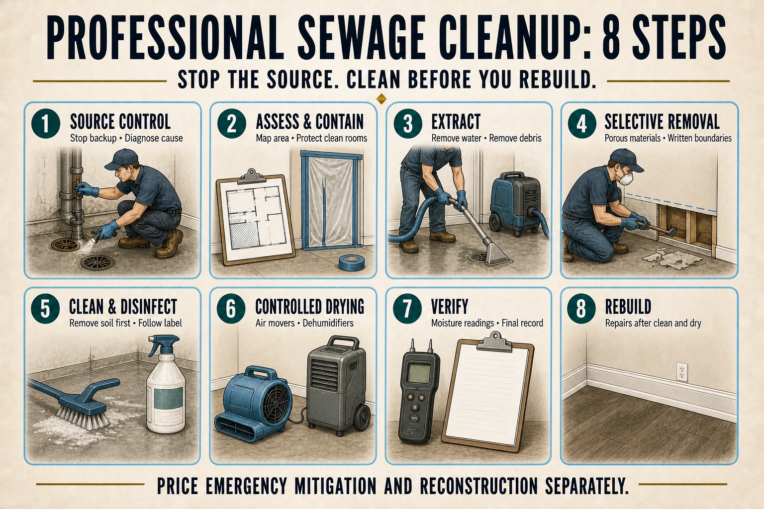 Infographic shows eight sewage-cleanup steps: source control, assessment and containment, extraction, selective removal, cleaning, drying, verification, and rebuilding.