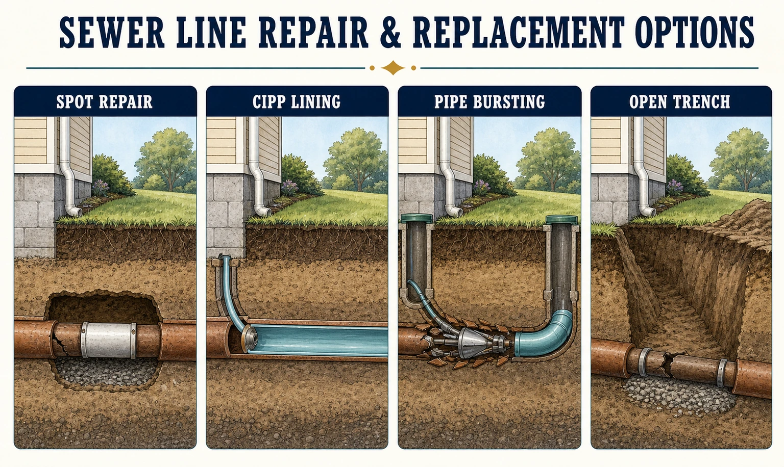 Sewer line repair replacement options infographic.