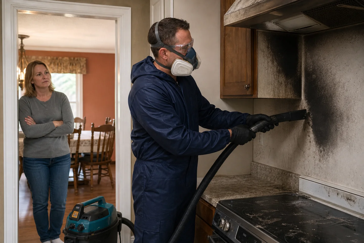Fire-restoration professional uses a HEPA vacuum near a soot-stained kitchen wall while the homeowner watches from a clean doorway.