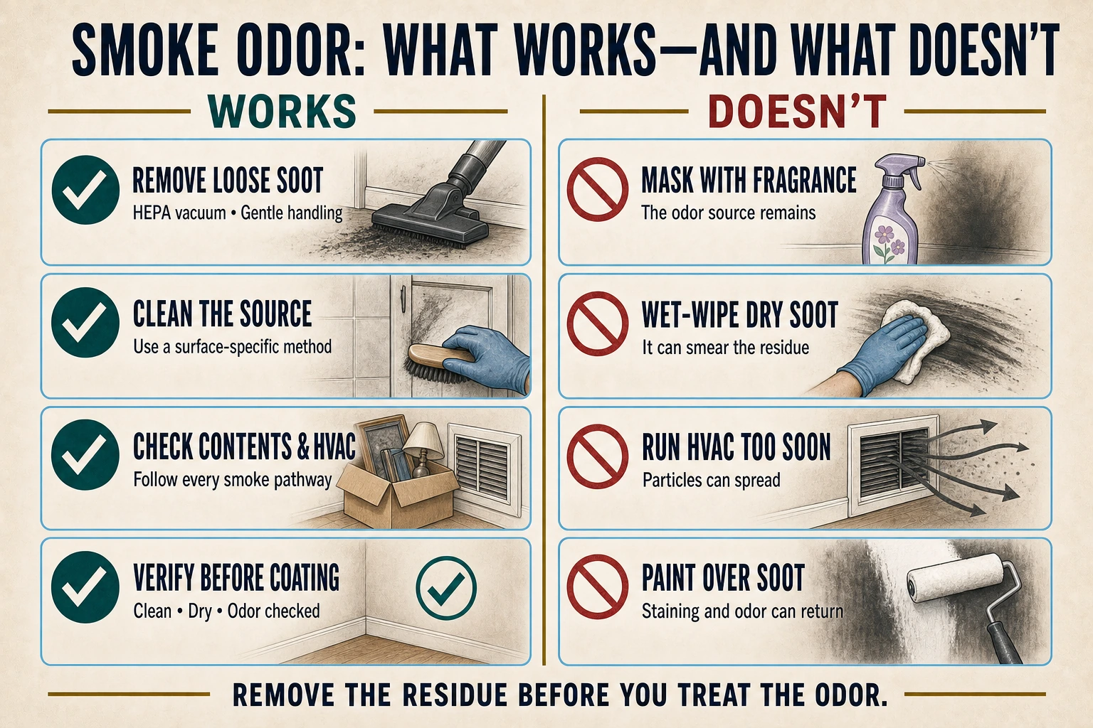 Infographic compares smoke-odor methods that work with ineffective shortcuts, including HEPA soot removal versus fragrance masking and cleaning before coating versus painting over soot.