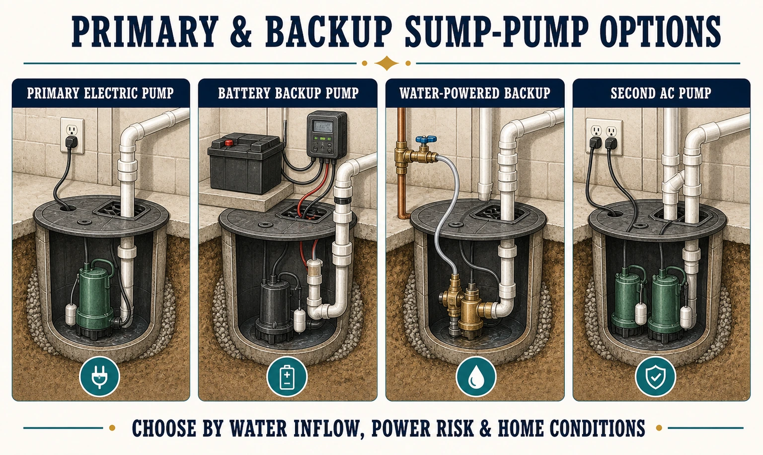 Infographic comparing primary electric, battery-backup, water-powered backup, and second AC sump-pump systems.