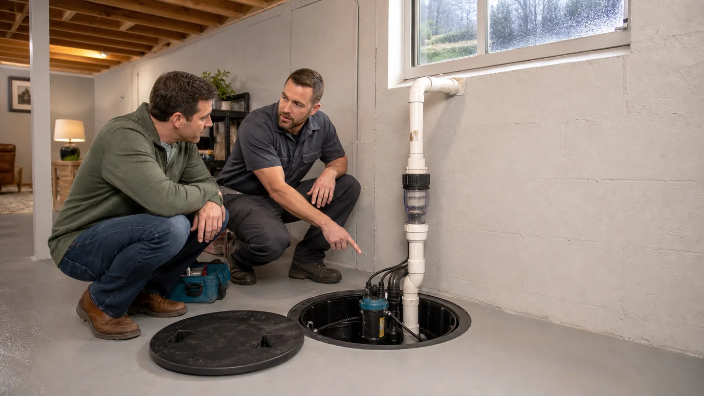 Northeast Ohio homeowner reviewing a basement sump pump with a plumbing technician.