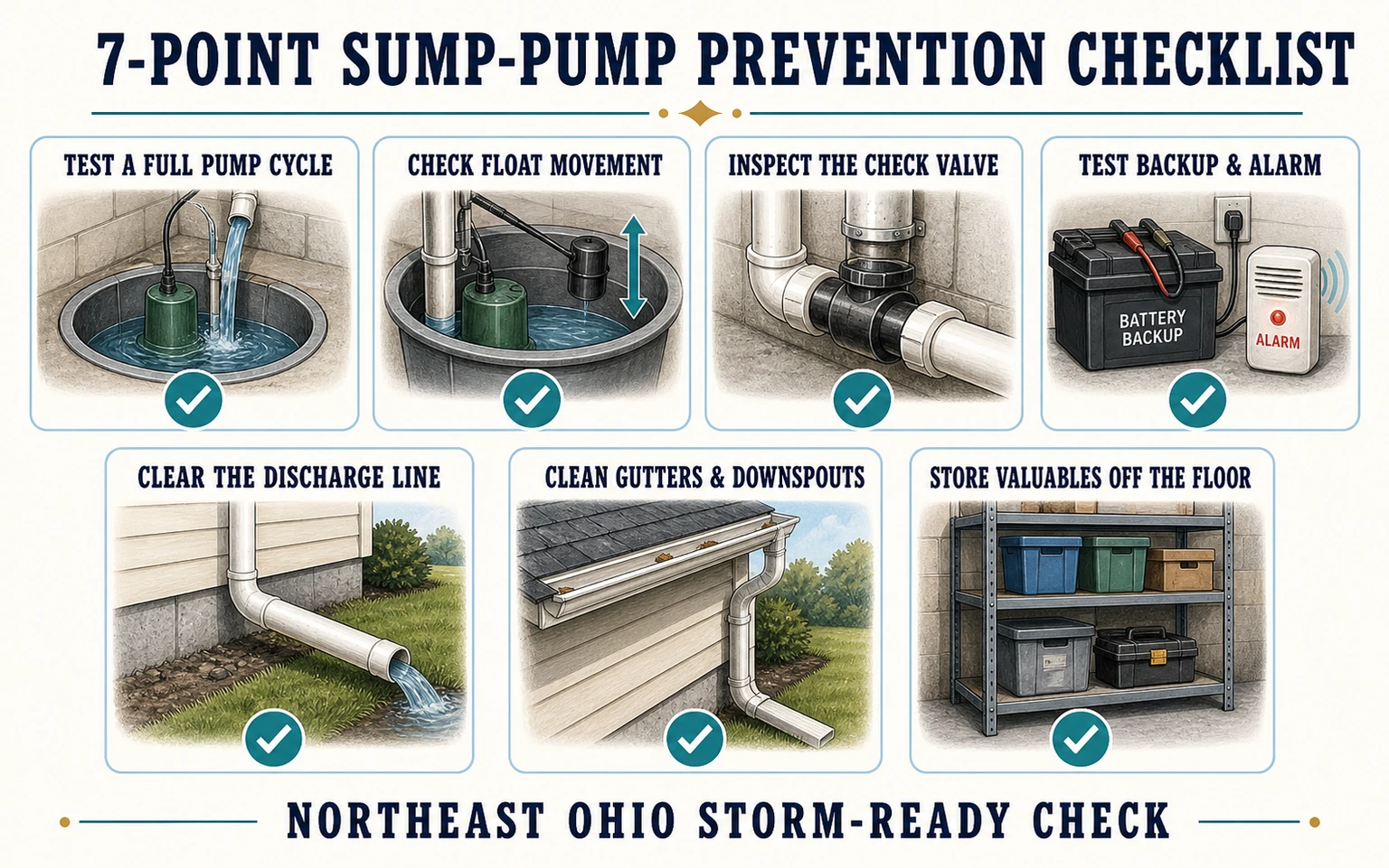 Infographic showing a seven-point sump-pump prevention checklist for Northeast Ohio storms and snowmelt.
