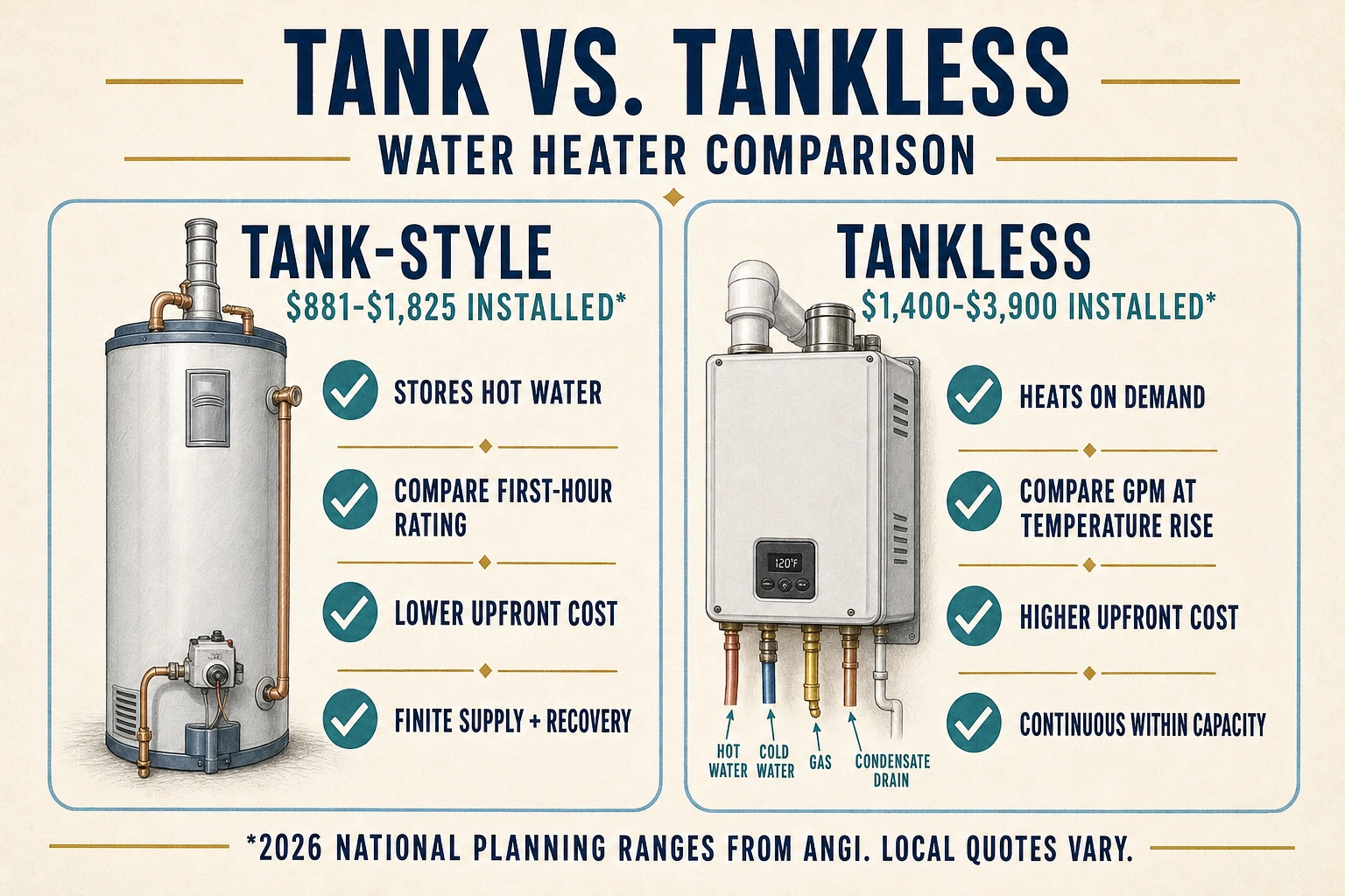 Infographic comparing tank-style and tankless water heater costs, capacity ratings, upfront price, and hot-water delivery.