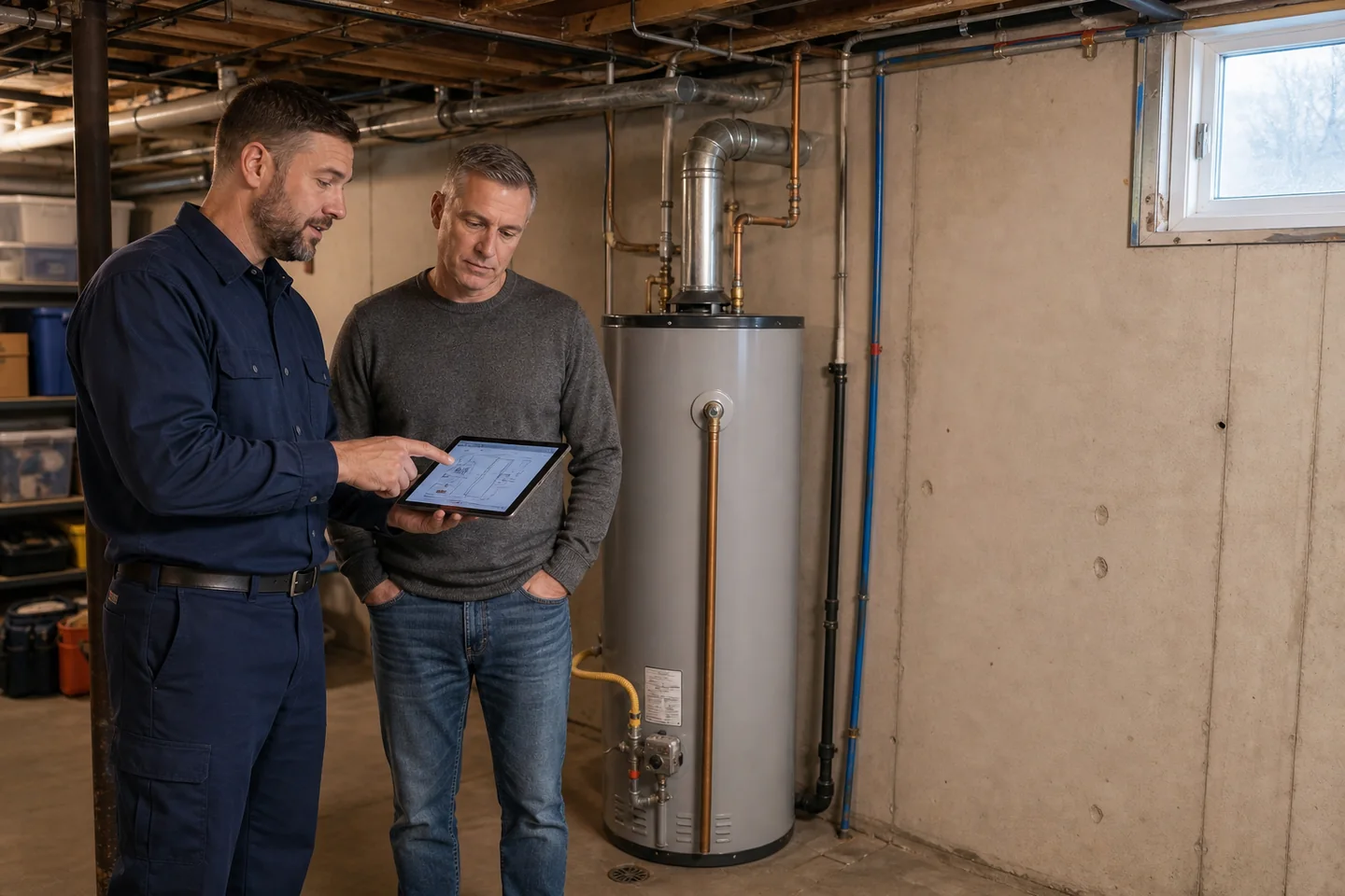Plumber and homeowner review tankless replacement plans beside a traditional gas tank water heater in a Northeast Ohio basement.