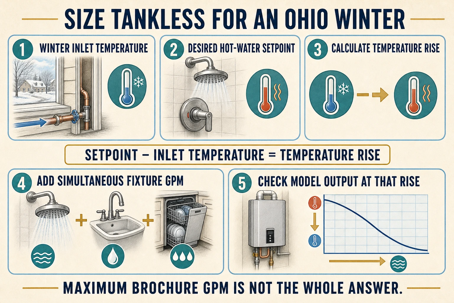 Five-step infographic showing how to size a tankless water heater for an Ohio winter using inlet temperature, setpoint, temperature rise, simultaneous GPM, and model output.