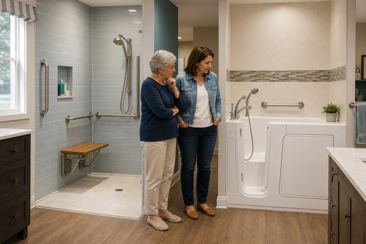 Older homeowner and adult daughter compare a curbless shower with grab bars and seating to a walk-in tub with a sealed side door.