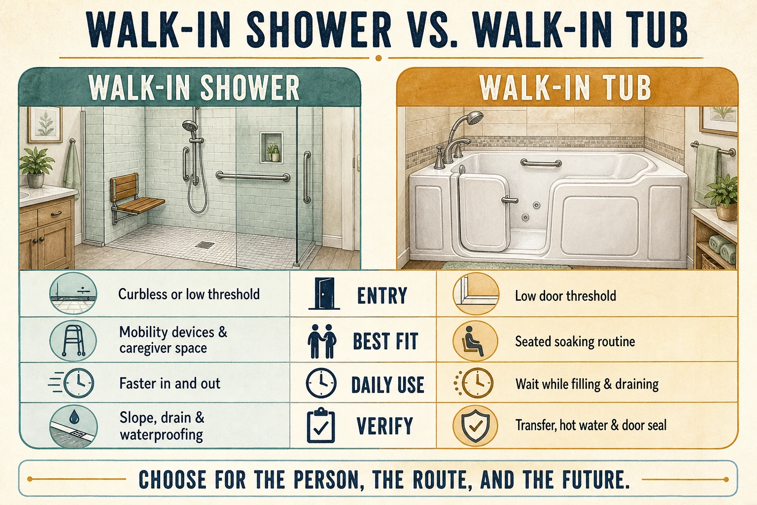 Infographic compares a walk-in shower and walk-in tub by entry, best fit, daily use, and installation details that homeowners should verify.