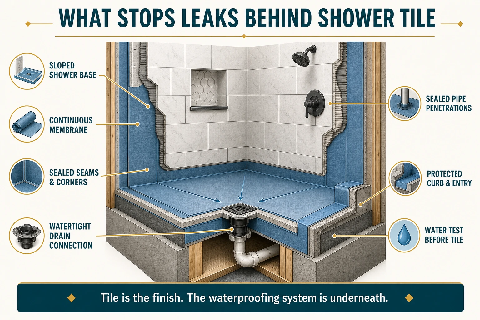 Article 31 waterproofing behind tile infographic.