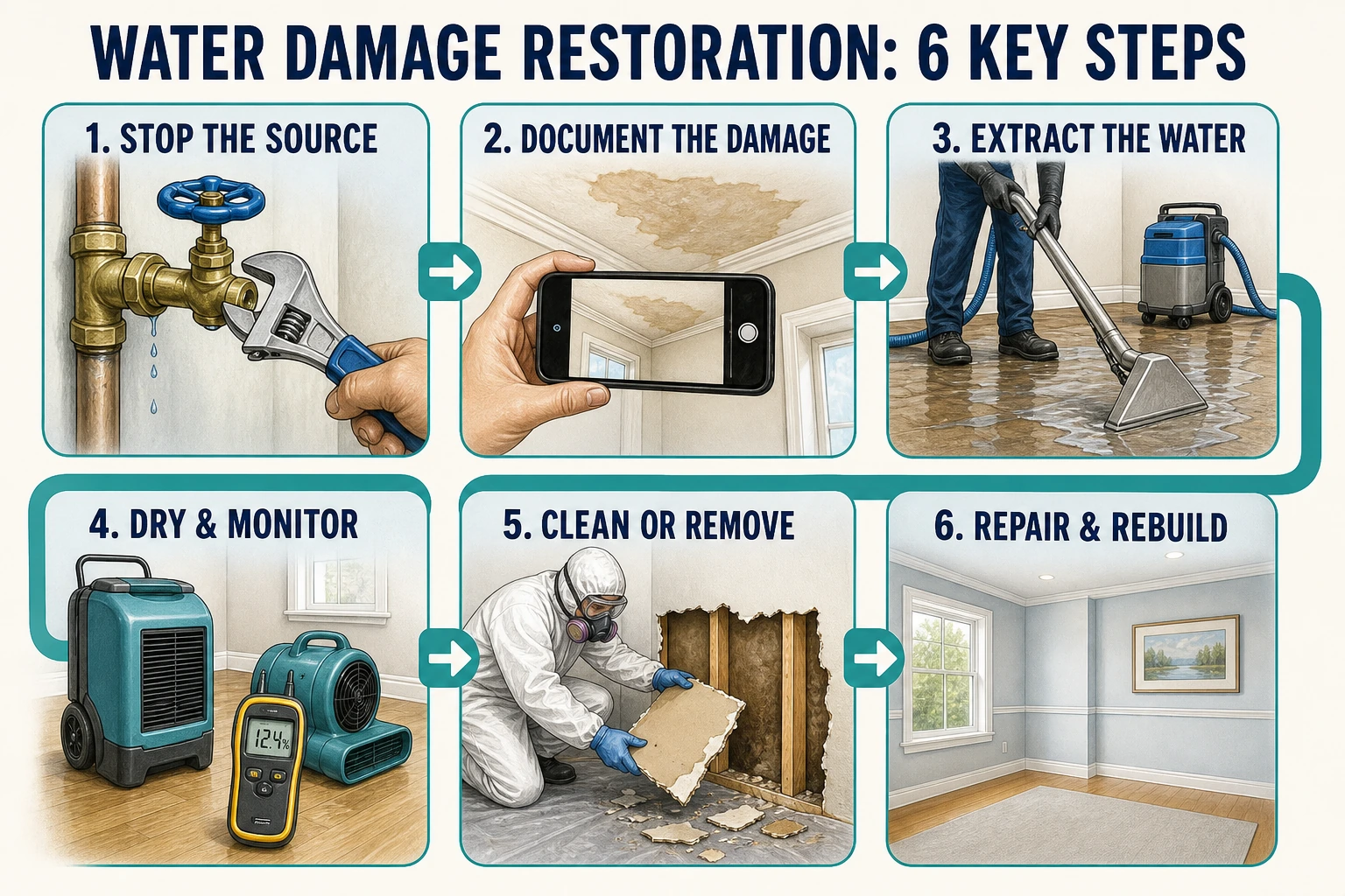 2 water damage restoration six step process.