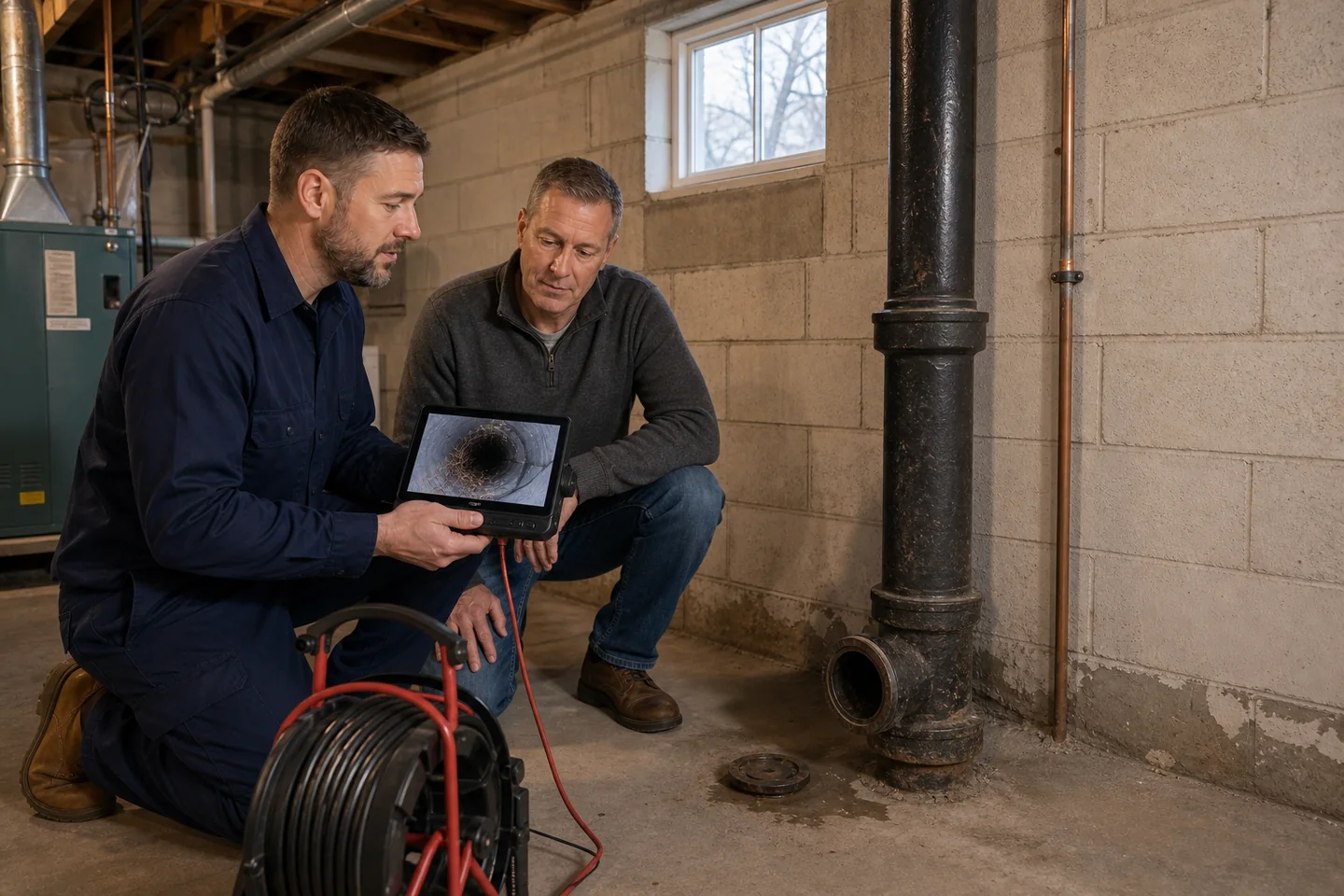 Plumber and homeowner review sewer-camera footage beside an older cast-iron drain stack in a Northeast Ohio basement.
