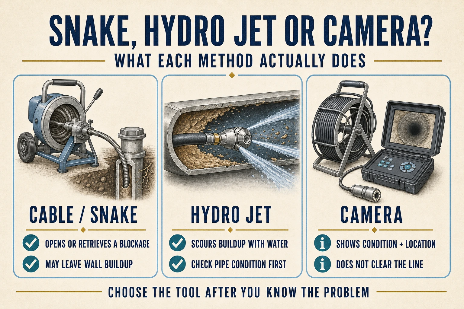 Infographic comparing a drain cable, hydro jetting, and sewer camera, including what each method does and its limitations.